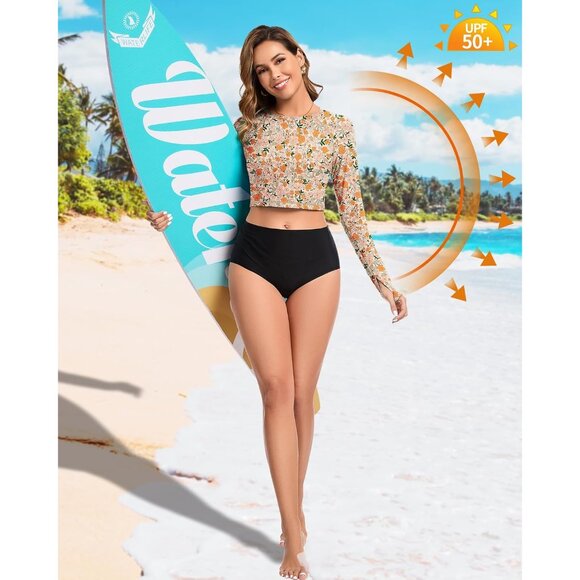 Women Rash Guard Long Sleeve Crop Top UPF 50+ Sun Protection Swim Shirt - Picture 3 of 6